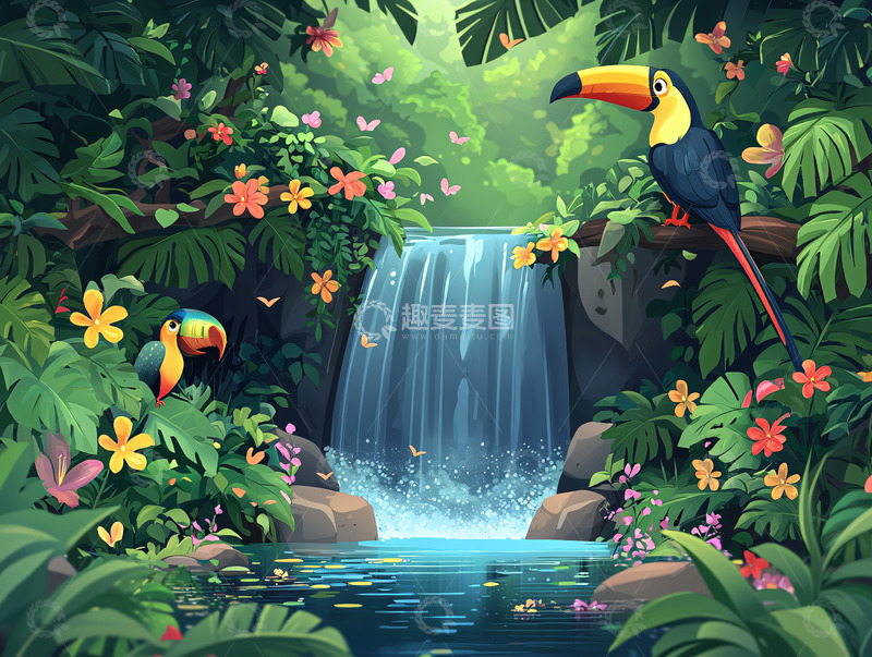 高清大图下载【趣麦麦图】热带雨林瀑布卡通画
