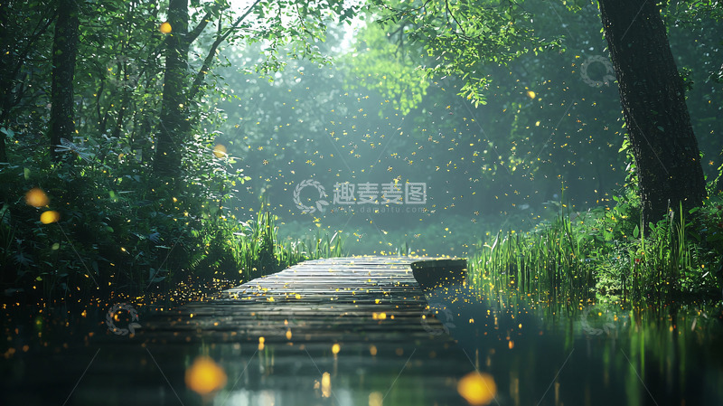 高清大图下载【趣麦麦图】萤火虫飞舞的森林小路