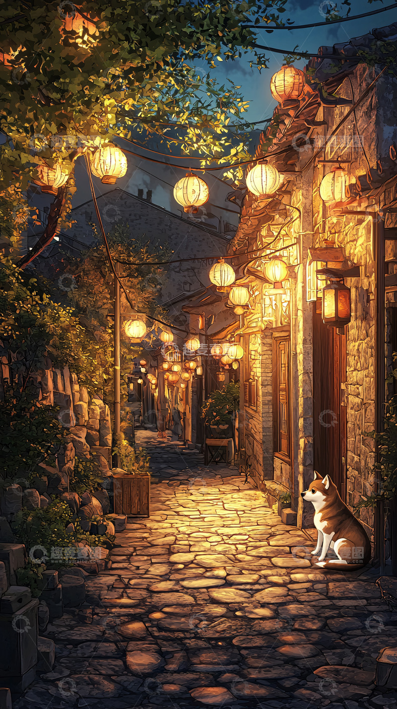 高清大图下载【趣麦麦图】夜晚石板路小巷灯光