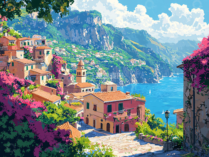 高清大图下载【趣麦麦图】地中海沿岸彩色小镇