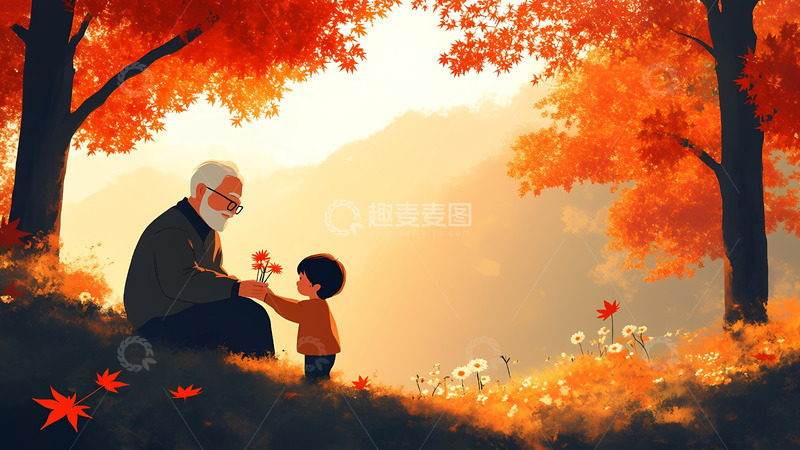 高清大图下载【趣麦麦图】卡通手绘重阳节敬老插画背景2