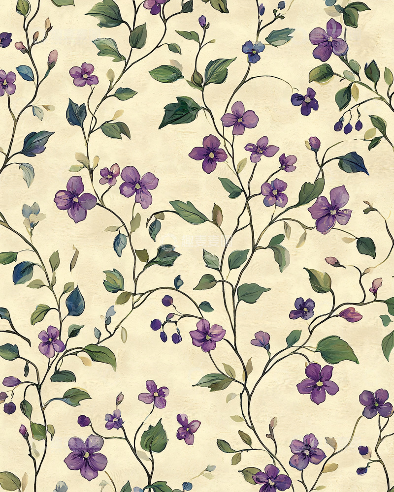 高清大图下载【趣麦麦图】淡紫色小花藤蔓花纹布料