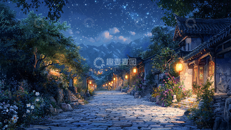 高清大图下载【趣麦麦图】古风夜景小镇石板路