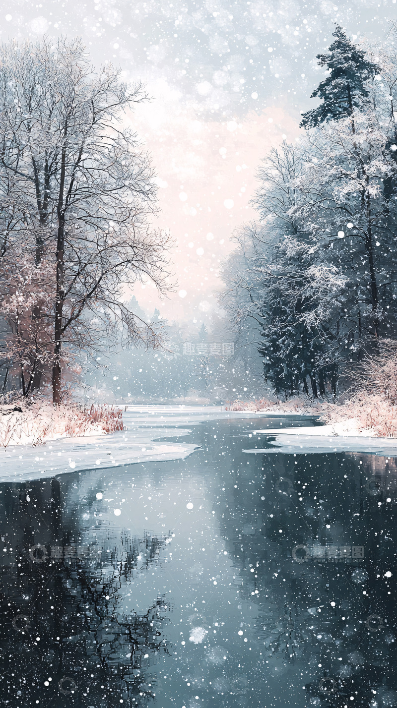 高清大图下载【趣麦麦图】冬日雪景河流森林倒影