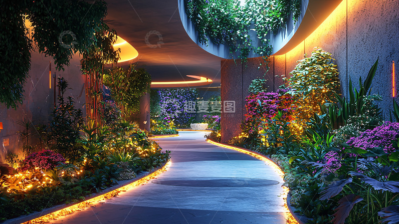 高清大图下载【趣麦麦图】室内花园夜景走廊
