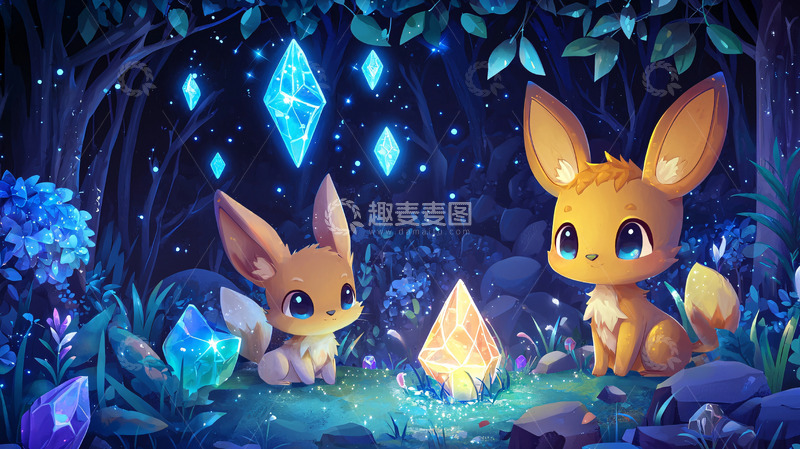 高清大图下载【趣麦麦图】夜空下的两只小狐狸和水晶