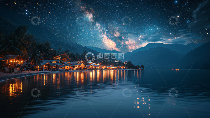 高清大图下载【趣麦麦图】星空下的湖边村庄