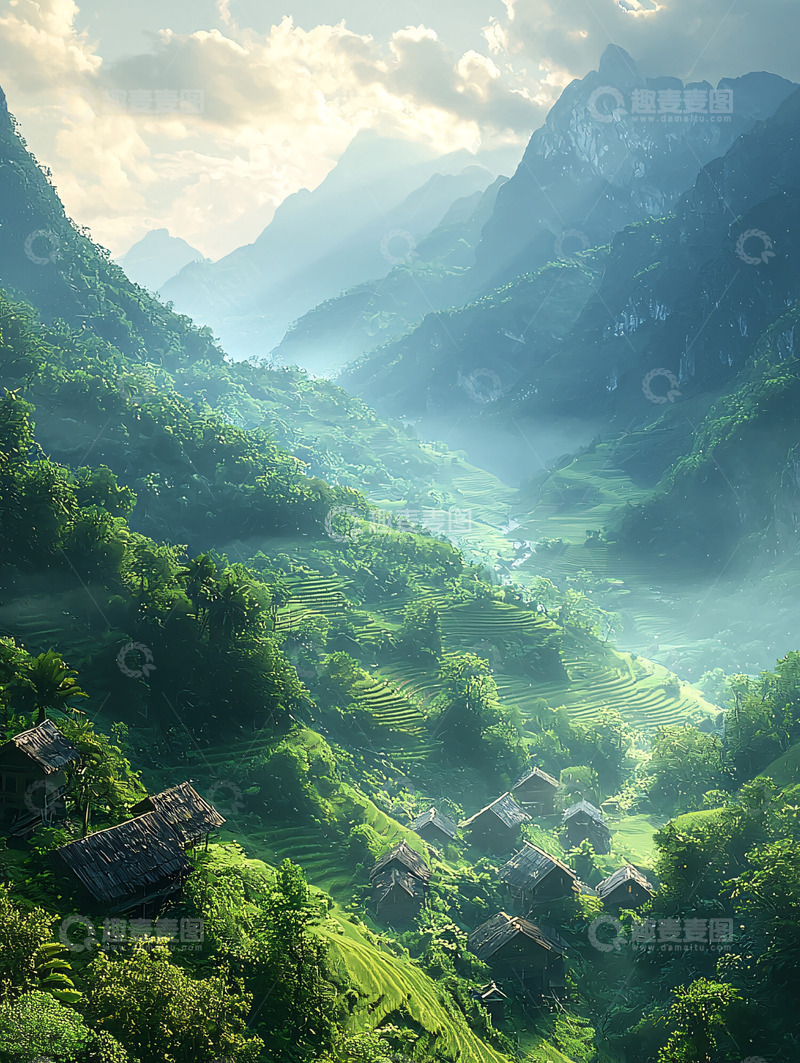 高清大图下载【趣麦麦图】郁郁葱葱的山谷村庄