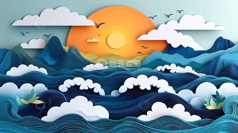 高清大图下载【趣麦麦图】纸艺风格海浪日出
