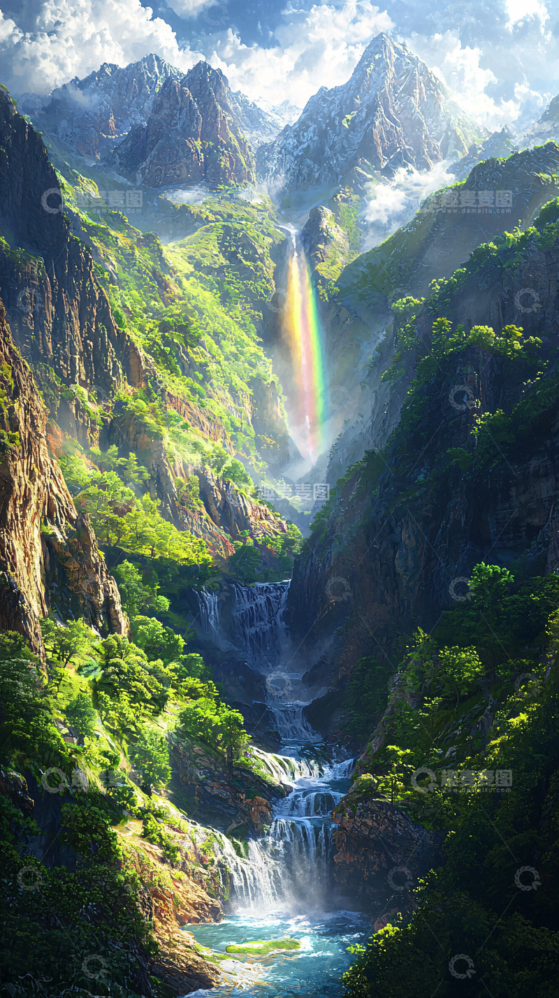 高清大图下载【趣麦麦图】山谷瀑布彩虹交织的壮丽景色