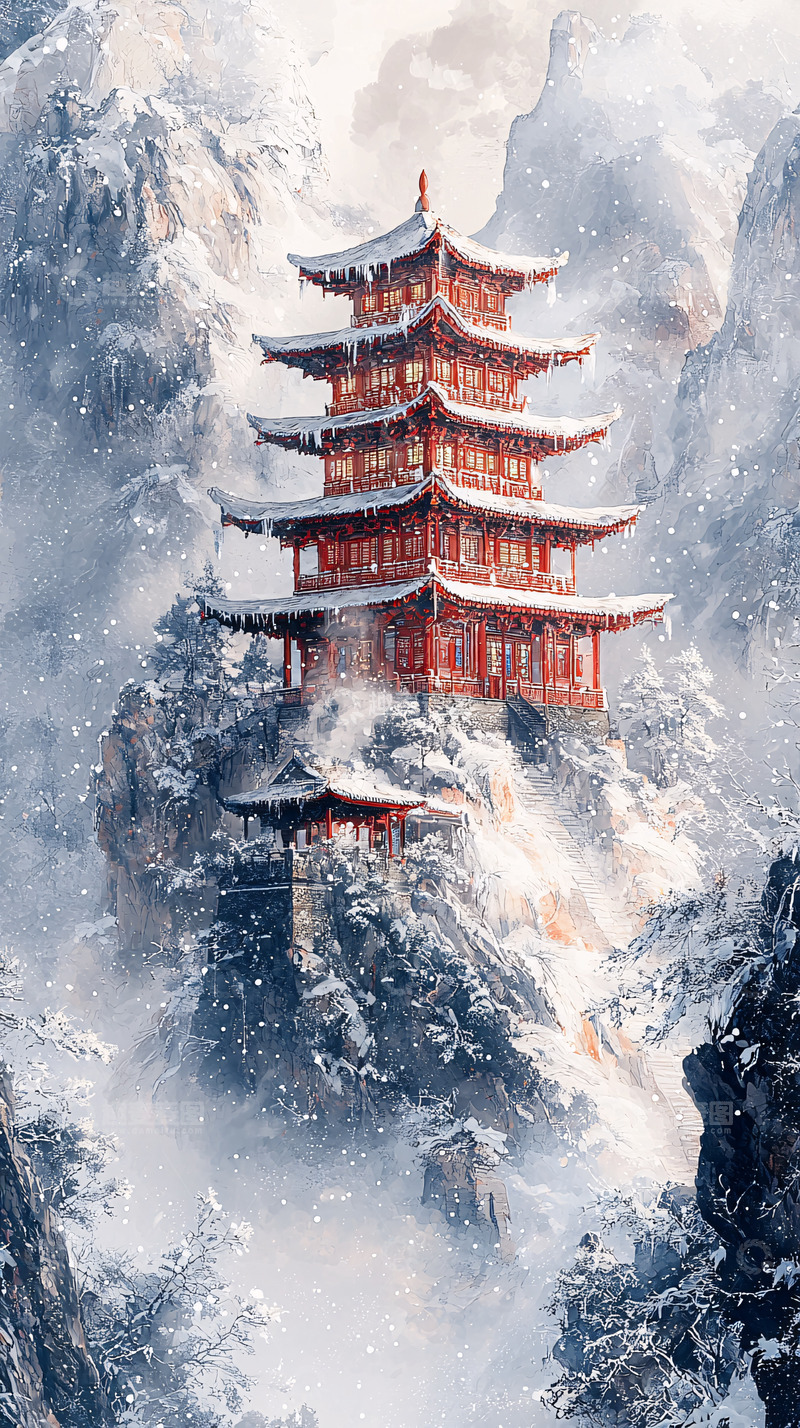 高清大图下载【趣麦麦图】雪山上的红色古建筑