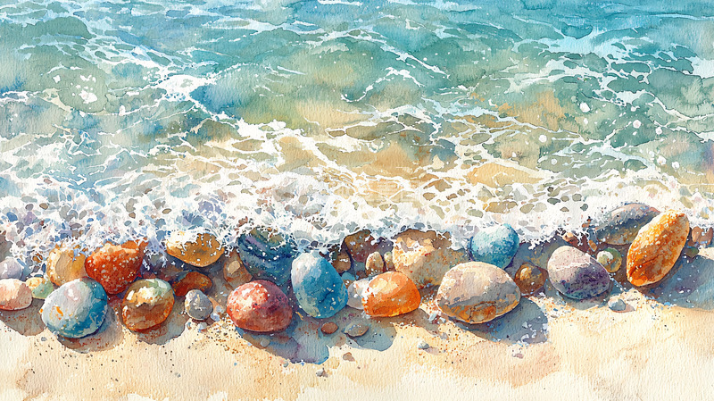 高清大图下载【趣麦麦图】海浪拍打沙滩上的彩色卵石