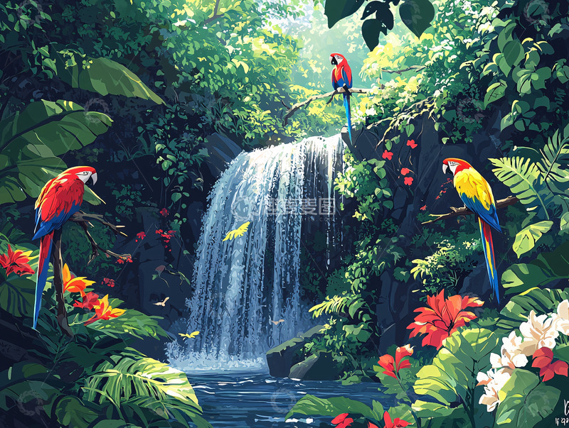 高清大图下载【趣麦麦图】热带雨林瀑布鹦鹉