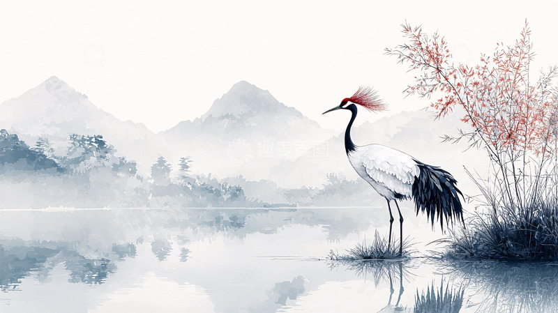 高清大图下载【趣麦麦图】水墨丹顶鹤