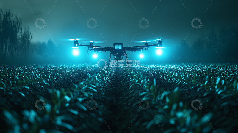 高清大图下载【趣麦麦图】夜间无人机农田作业