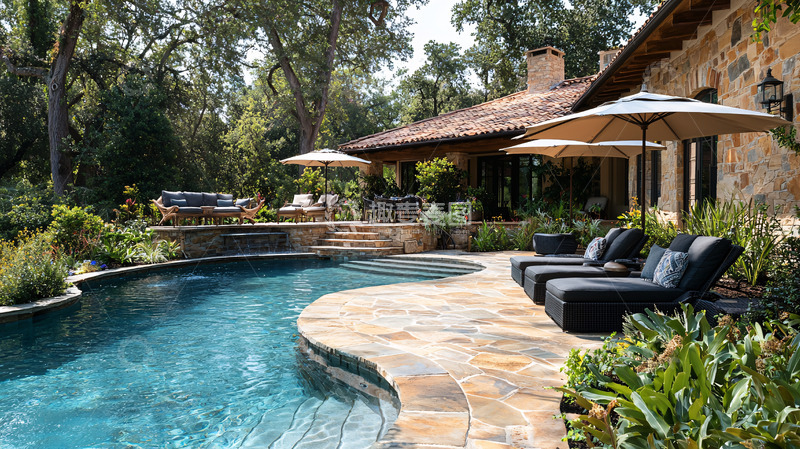 高清大图下载【趣麦麦图】豪华庭院泳池阳光躺椅