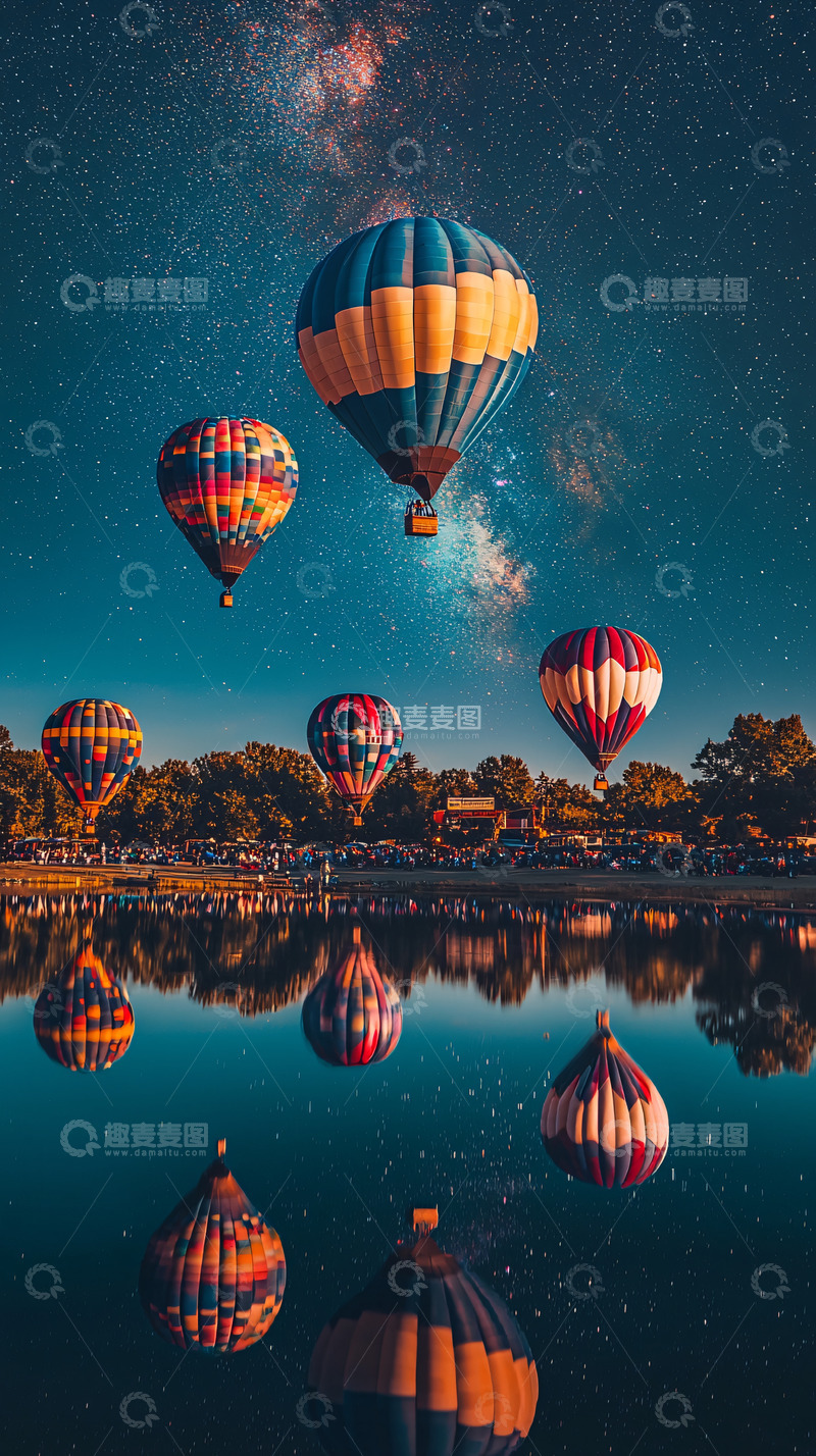 高清大图下载【趣麦麦图】热气球星空湖面倒影
