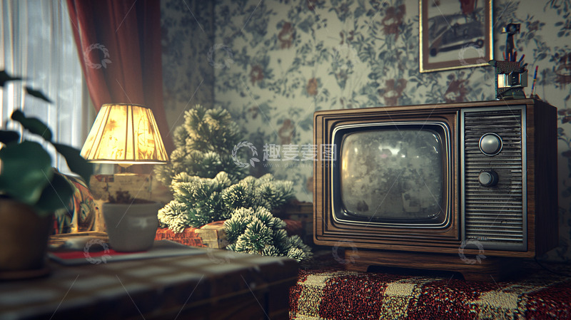 高清大图下载【趣麦麦图】复古老式电视机旁的圣诞树