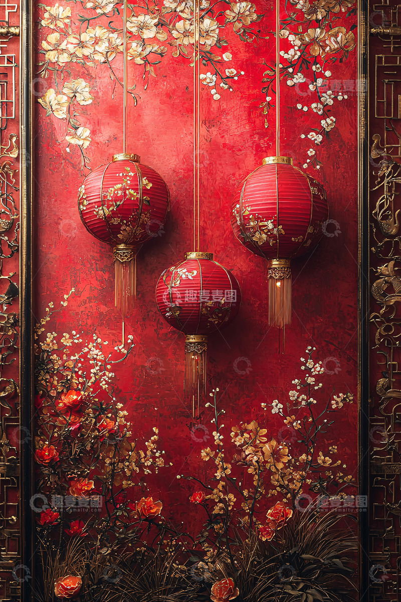 高清大图下载【趣麦麦图】红底花纹宫灯