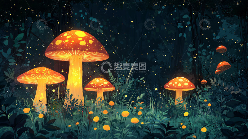 高清大图下载【趣麦麦图】夜光蘑菇森林
