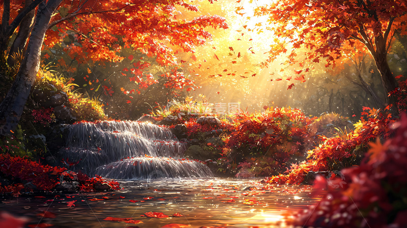 高清大图下载【趣麦麦图】秋日森林瀑布
