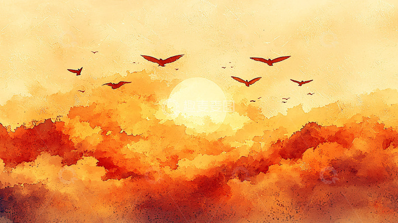高清大图下载【趣麦麦图】夕阳晚霞群鸟飞翔