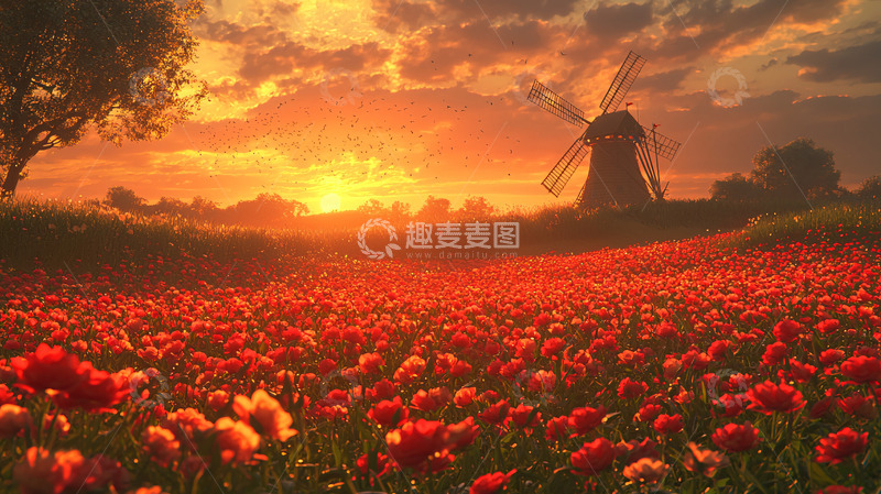 高清大图下载【趣麦麦图】日落风车郁金香田园风光
