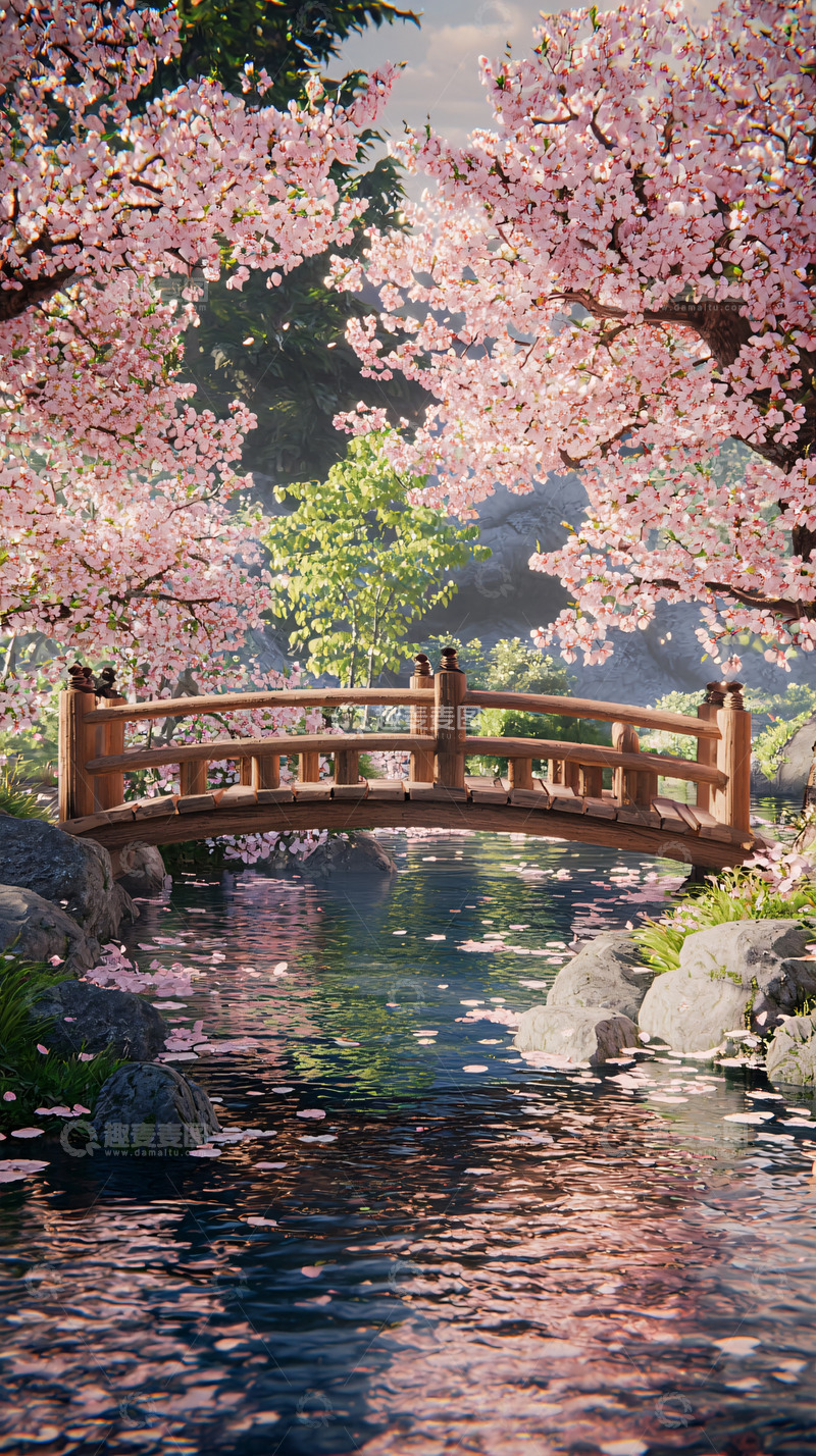 高清大图下载【趣麦麦图】樱花树下木桥流水