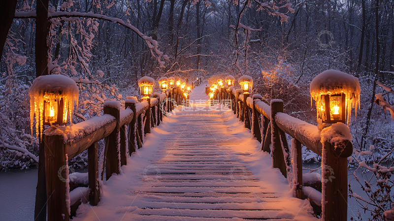 高清大图下载【趣麦麦图】雪夜木桥