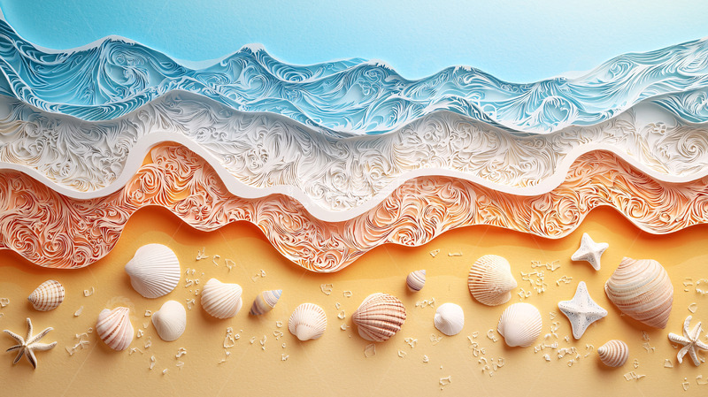 高清大图下载【趣麦麦图】海浪沙滩贝壳组合