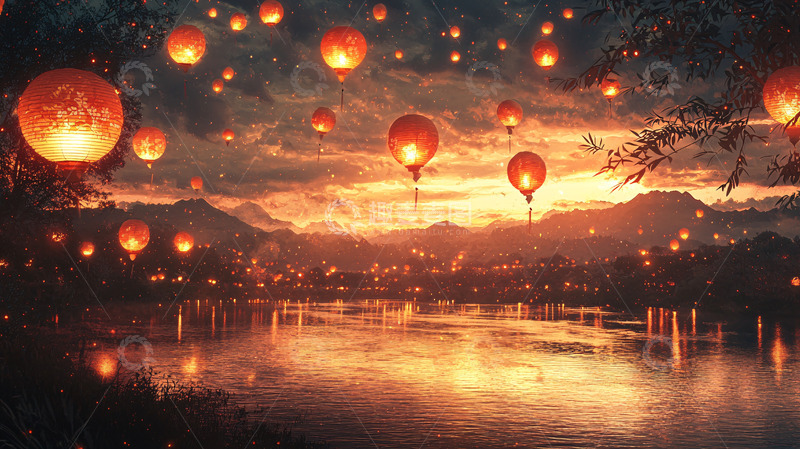 高清大图下载【趣麦麦图】夜空中飞舞的灯笼