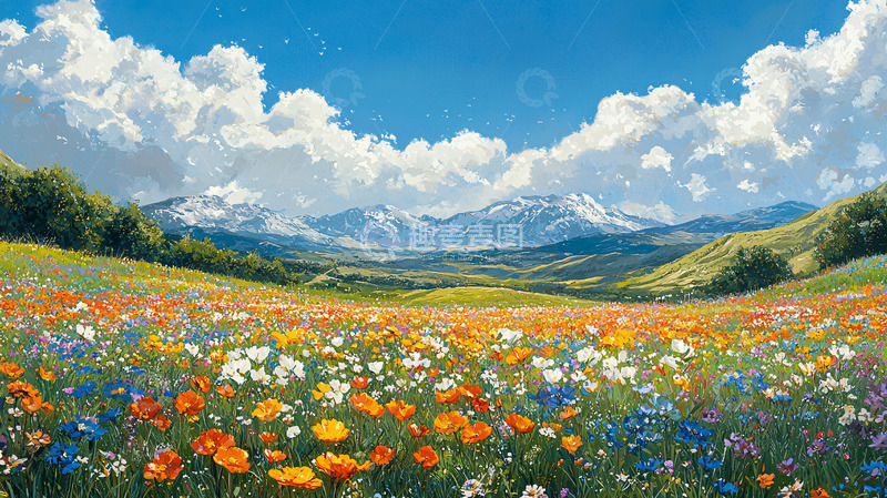 高清大图下载【趣麦麦图】阳光明媚的山谷花田