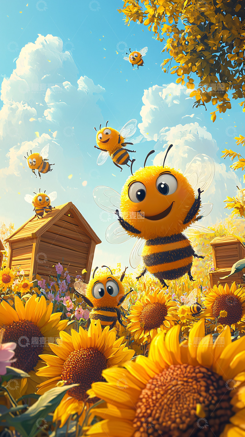 卡通蜜蜂向日葵天空