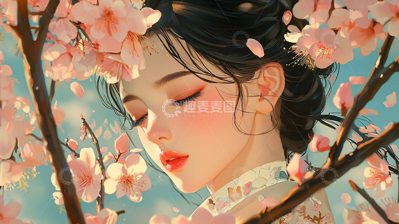 高清大图下载【趣麦麦图】樱花树下闭眼女子