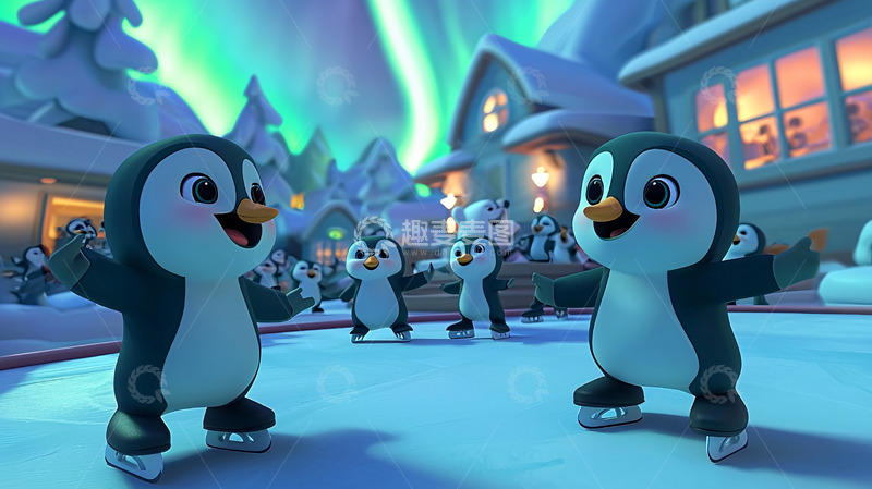 高清大图下载【趣麦麦图】北极光下滑冰的小企鹅