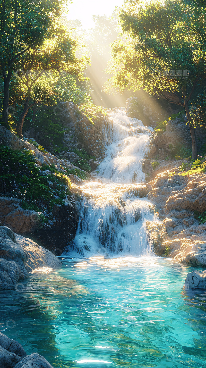 高清大图下载【趣麦麦图】阳光照耀下的森林瀑布
