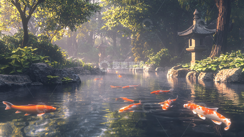 高清大图下载【趣麦麦图】清晨阳光下的日式庭院