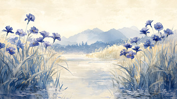 淡雅蓝紫色鸢尾花田园风景