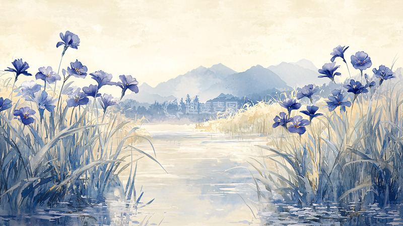 淡雅蓝紫色鸢尾花田园风景
