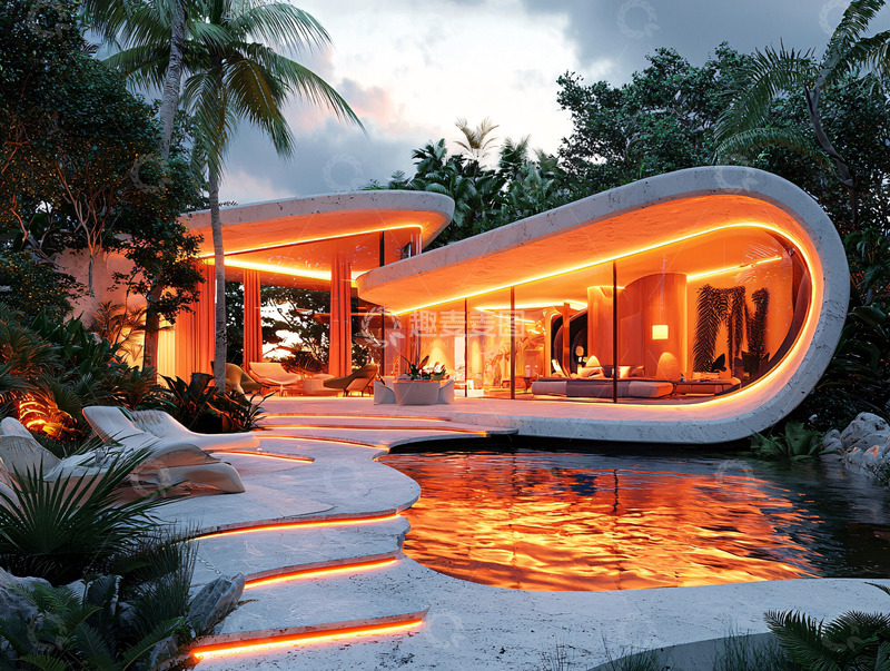 高清大图下载【趣麦麦图】现代风格海岛别墅夜景
