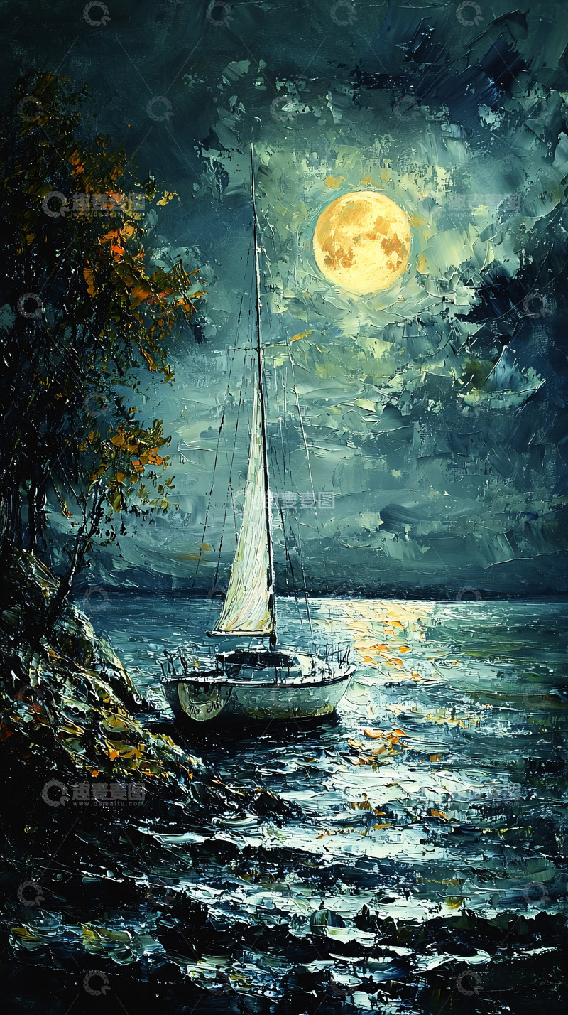 高清大图下载【趣麦麦图】月夜帆船静谧唯美