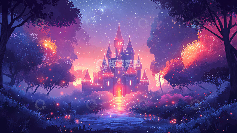 高清大图下载【趣麦麦图】梦幻森林城堡夜景