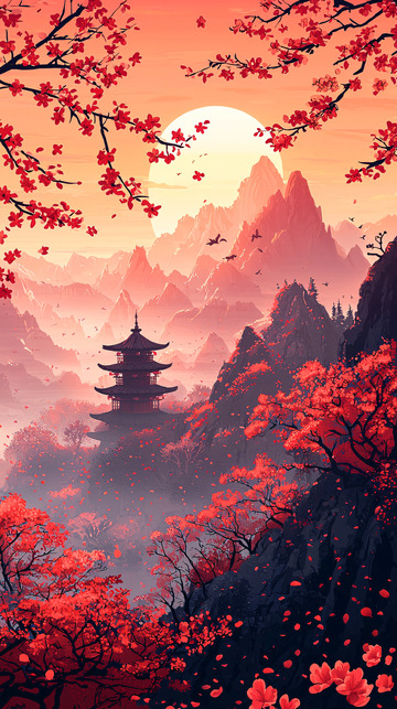 日式红枫山景图