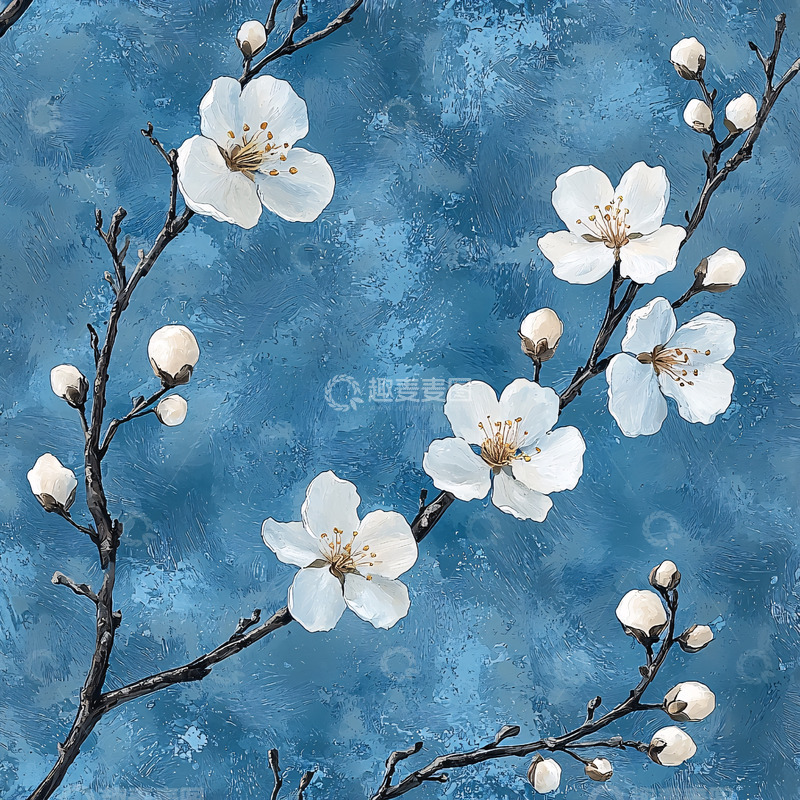 高清大图下载【趣麦麦图】蓝底白花枝条图