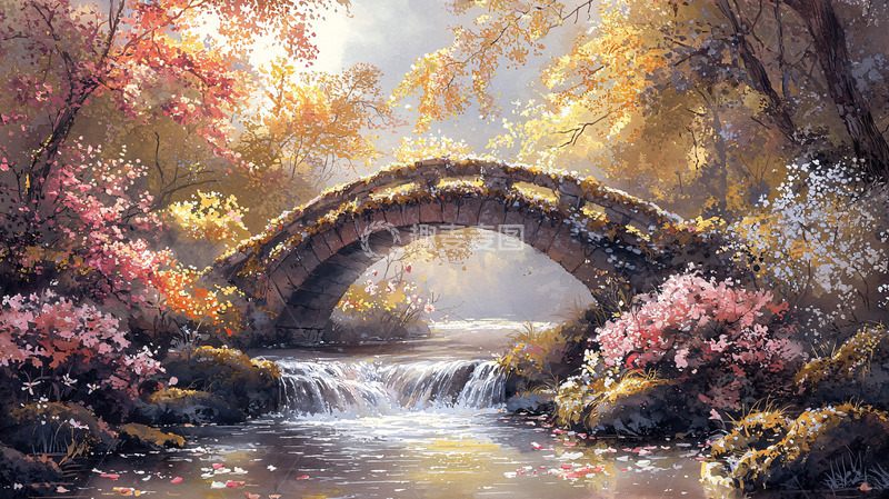 高清大图下载【趣麦麦图】秋日森林小桥流水