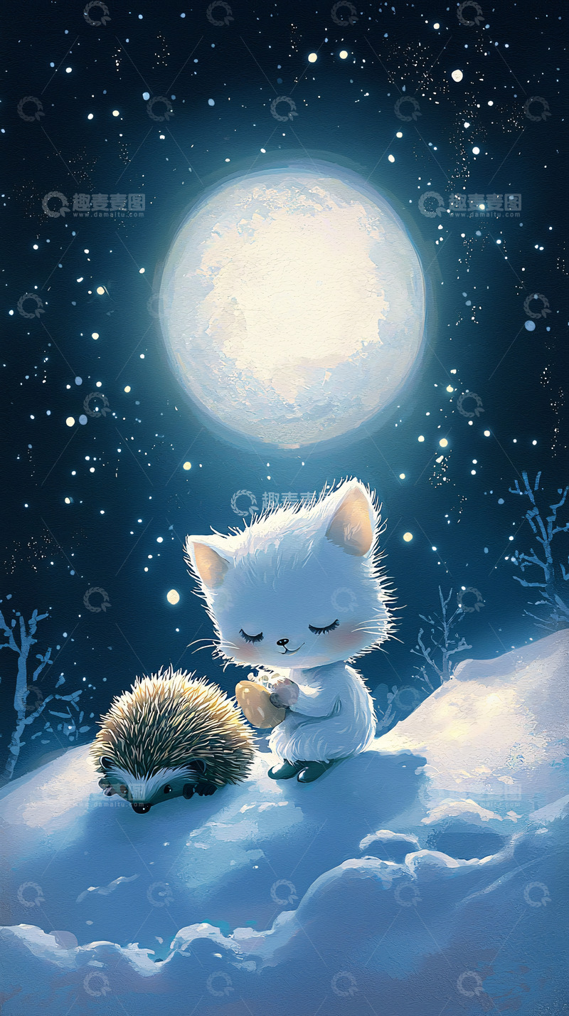 高清大图下载【趣麦麦图】月光下的猫咪和刺猬