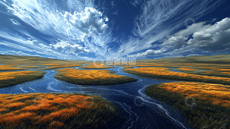 高清大图下载【趣麦麦图】开阔天空下的河流湿地