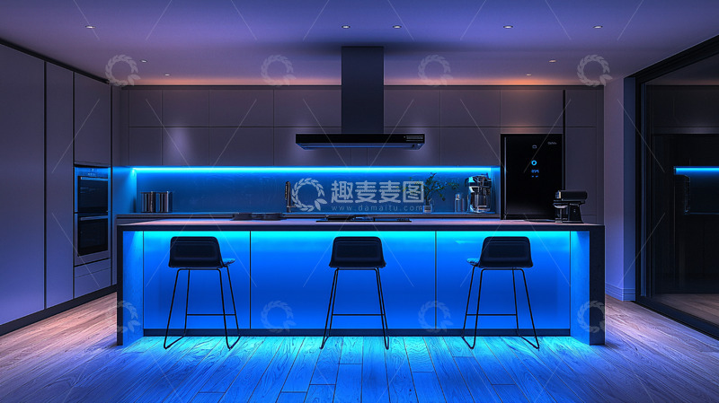 高清大图下载【趣麦麦图】现代厨房蓝色氛围灯