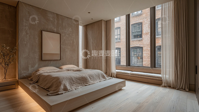 高清大图下载【趣麦麦图】简约米色调卧室与城市景观
