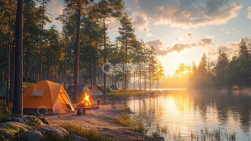 高清大图下载【趣麦麦图】森林湖泊营地日落